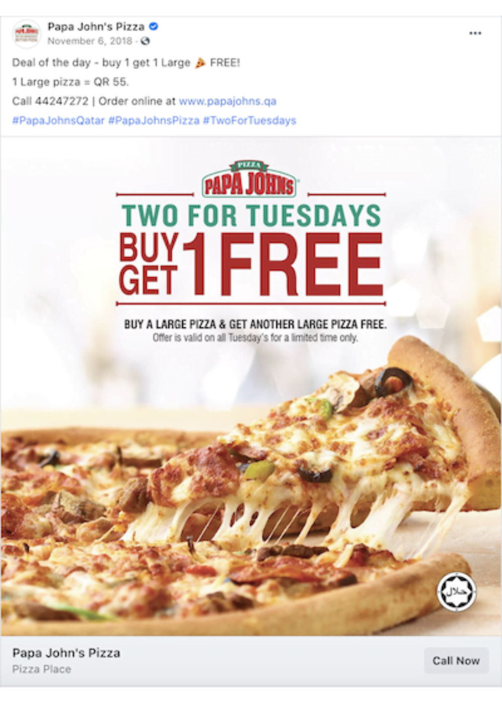 Papa John's Pizza - BOGO BUY ONE GET ONE OFFER