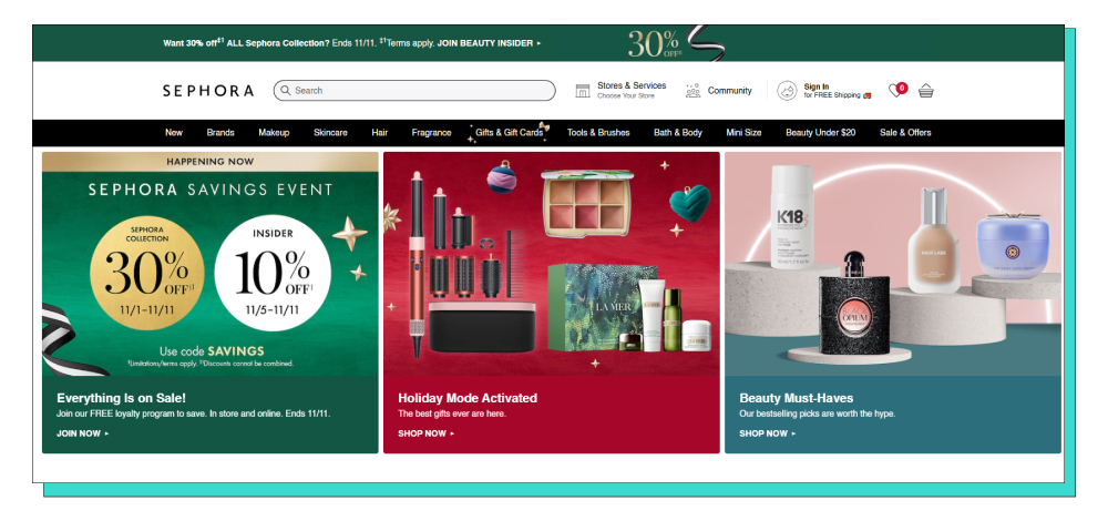 Sephora's landing page for holiday marketing