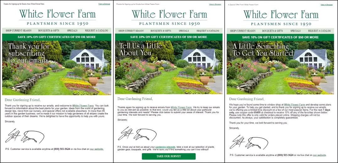 White Flower Farm - example of a welcome or onboarding email campaign